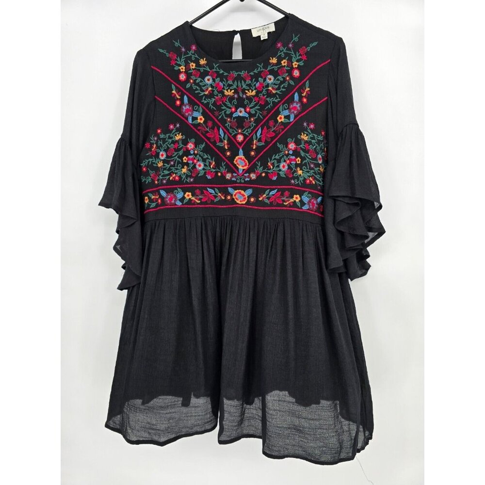 Umgee Medium Tunic Dress Black Boho Hippie Floral Embroidered Bell Sleeve - Picture 2 of 6